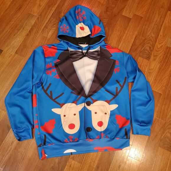 John Hancock Reindeer Christmas Hoodie Blue Men’s XL - Picture 3 of 6